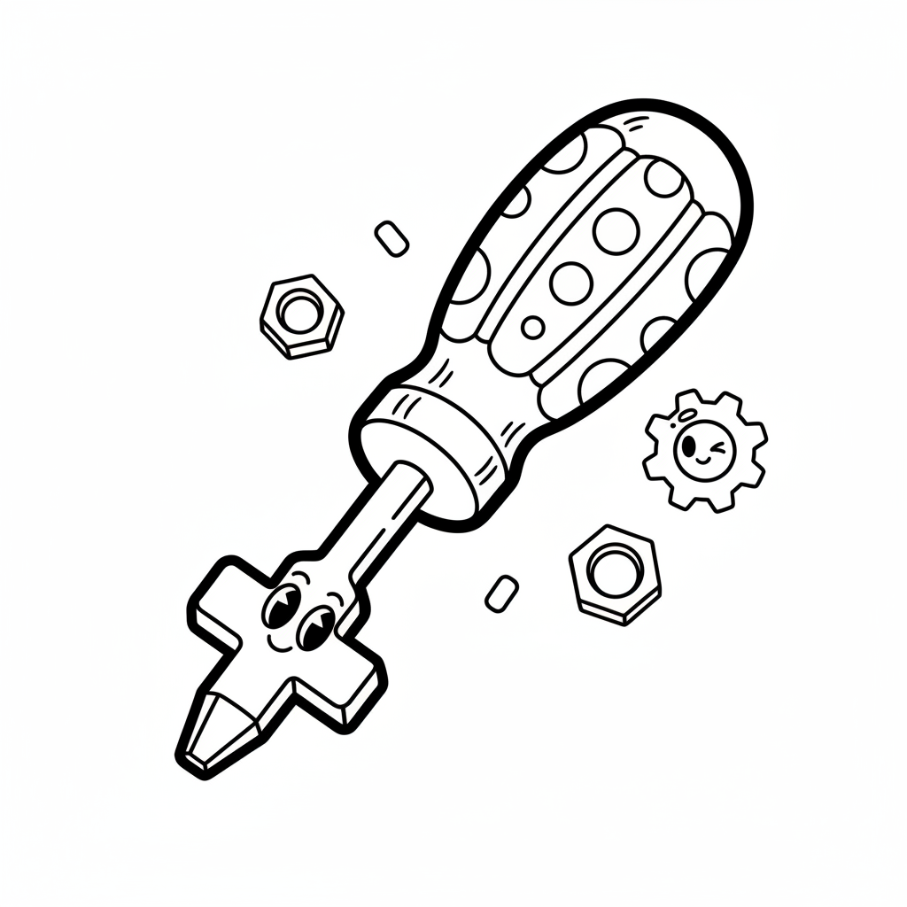 Solidny śrubokręt z końcówką krzyżową, niezbędny do napraw, kolorowanka dla dzieci, czarne kontury, białe tło.