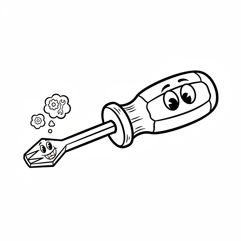 Solidny śrubokręt z końcówką krzyżową, niezbędny do napraw, kolorowanka dla dzieci, czarne kontury, białe tło.