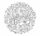 Stół warsztatowy z narzędziami starannie ułożonymi, kolorowanka dla dzieci, czarne kontury, białe tło.