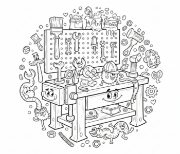 Stół warsztatowy z narzędziami starannie ułożonymi, kolorowanka dla dzieci, czarne kontury, białe tło.