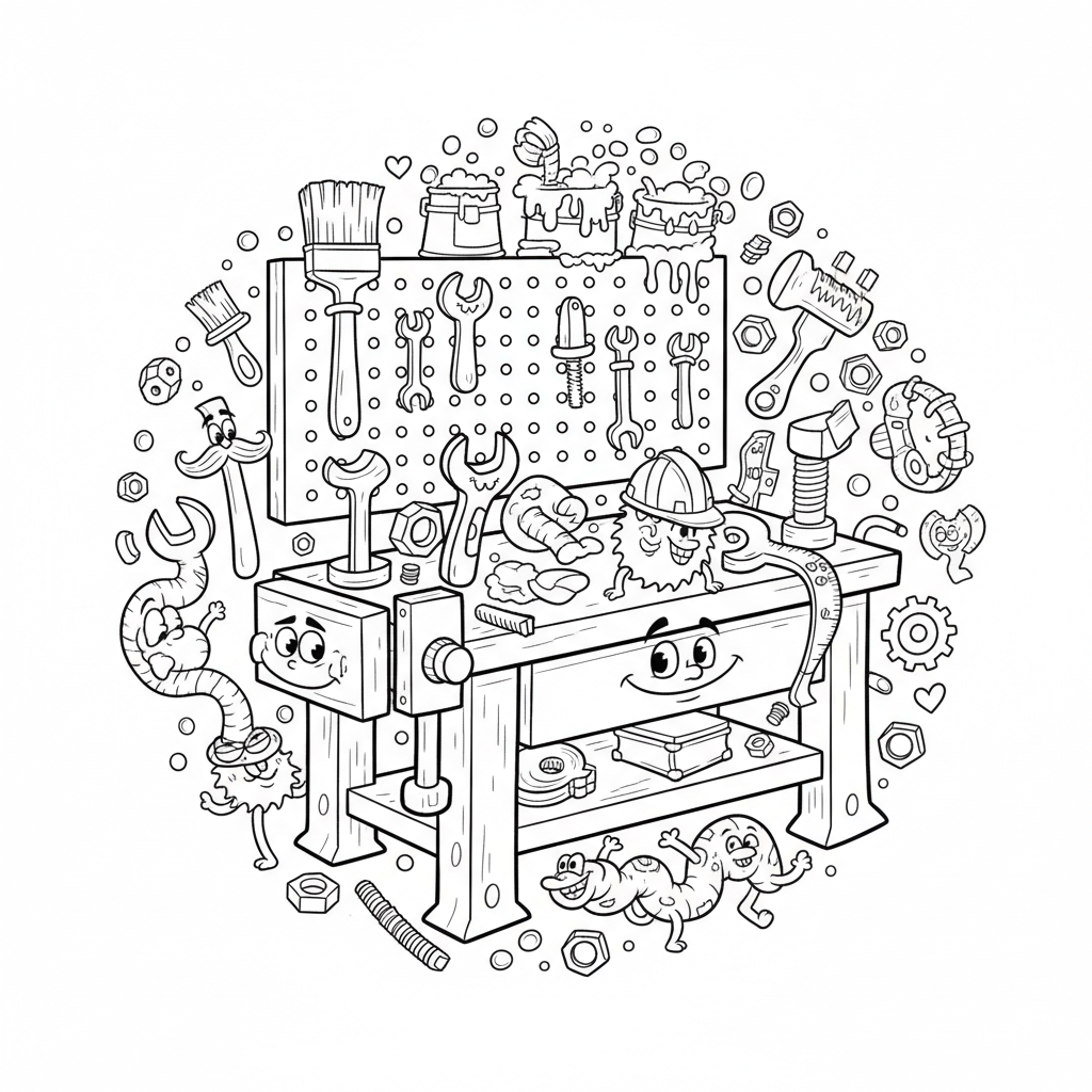 Stół warsztatowy z narzędziami starannie ułożonymi, kolorowanka dla dzieci, czarne kontury, białe tło.