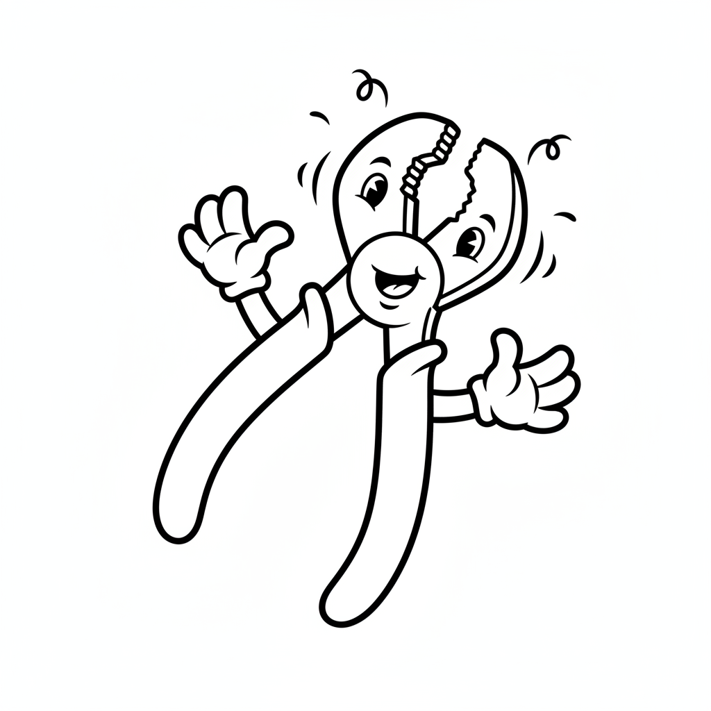 Para szczypiec z chwytnymi szczękami, do trzymania i gięcia, kolorowanka dla dzieci, czarne kontury, białe tło.