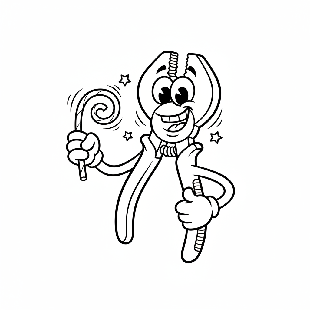 Para szczypiec z chwytnymi szczękami, do trzymania i gięcia, kolorowanka dla dzieci, czarne kontury, białe tło.