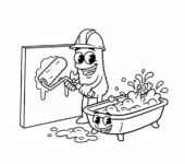 Wałek malarski z kuwetą farby, gotowy do pokrycia ściany, kolorowanka dla dzieci, czarne kontury, białe tło.