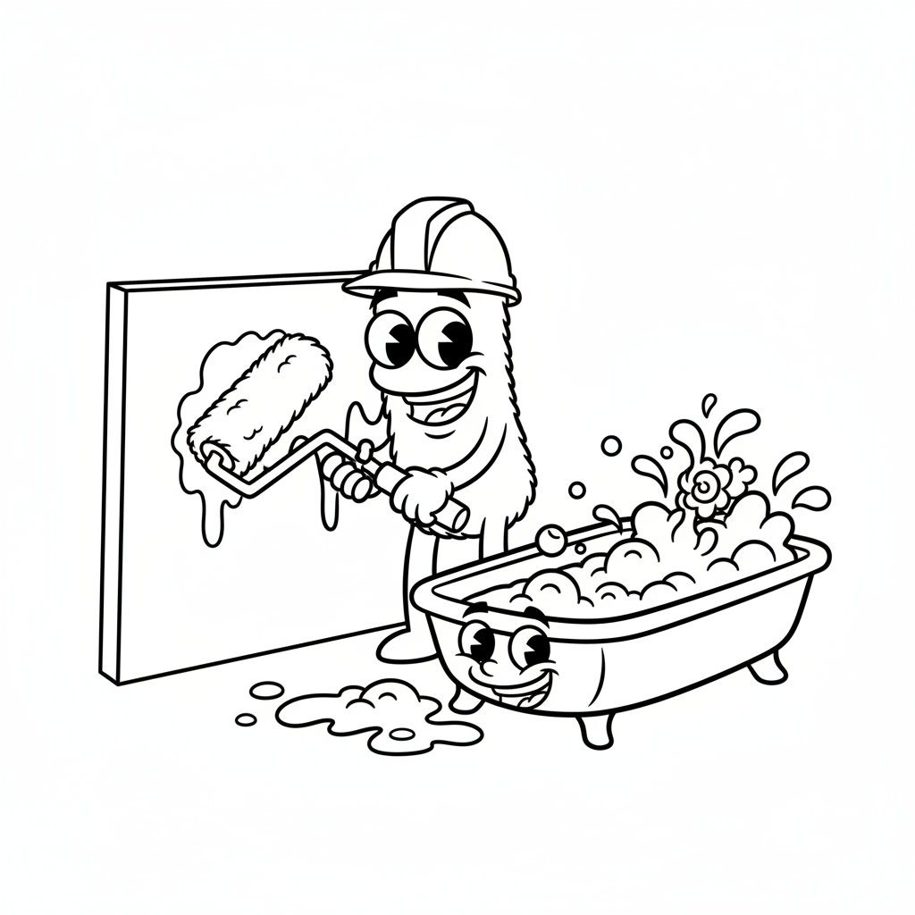 Wałek malarski z kuwetą farby, gotowy do pokrycia ściany, kolorowanka dla dzieci, czarne kontury, białe tło.