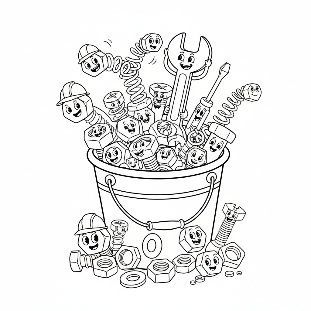 Wiadro różnych nakrętek i śrub, gotowe do montażu, kolorowanka dla dzieci, czarne kontury, białe tło.