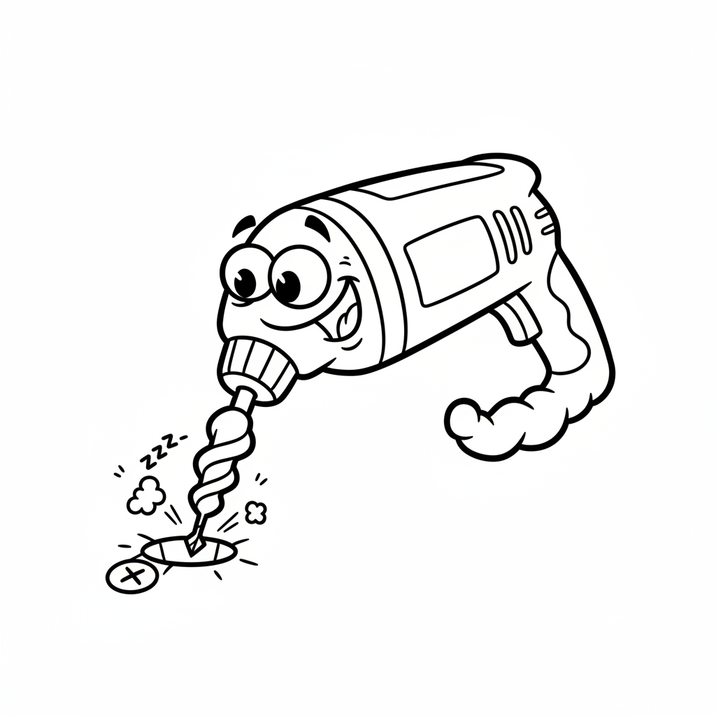 Wiertarka z spiralnym wiertłem, gotowa do wiercenia otworu, kolorowanka dla dzieci, czarne kontury, białe tło.