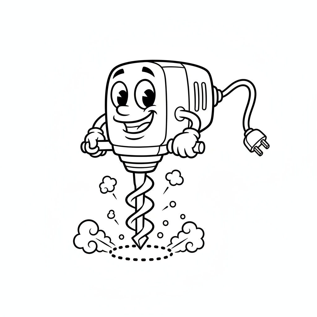 Wiertarka z spiralnym wiertłem, gotowa do wiercenia otworu, kolorowanka dla dzieci, czarne kontury, białe tło.