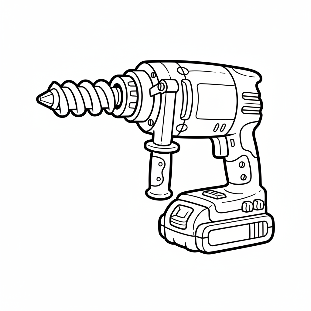 Wiertarka udarowa z akumulatorem, gotowa do ciężkich prac, kolorowanka dla dzieci, czarne kontury, białe tło.