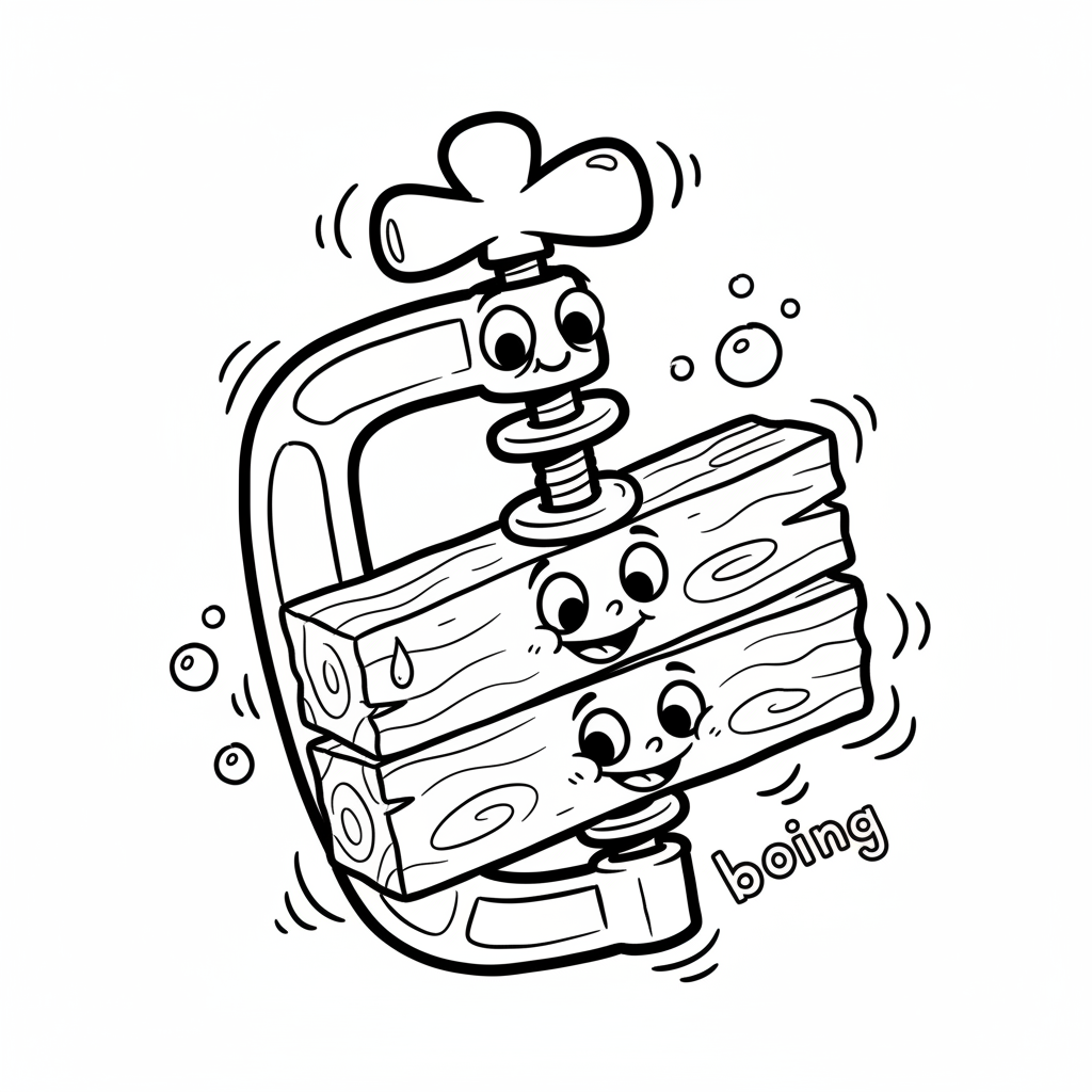 Zacisk trzymający dwa kawałki drewna razem, kolorowanka dla dzieci, czarne kontury, białe tło.