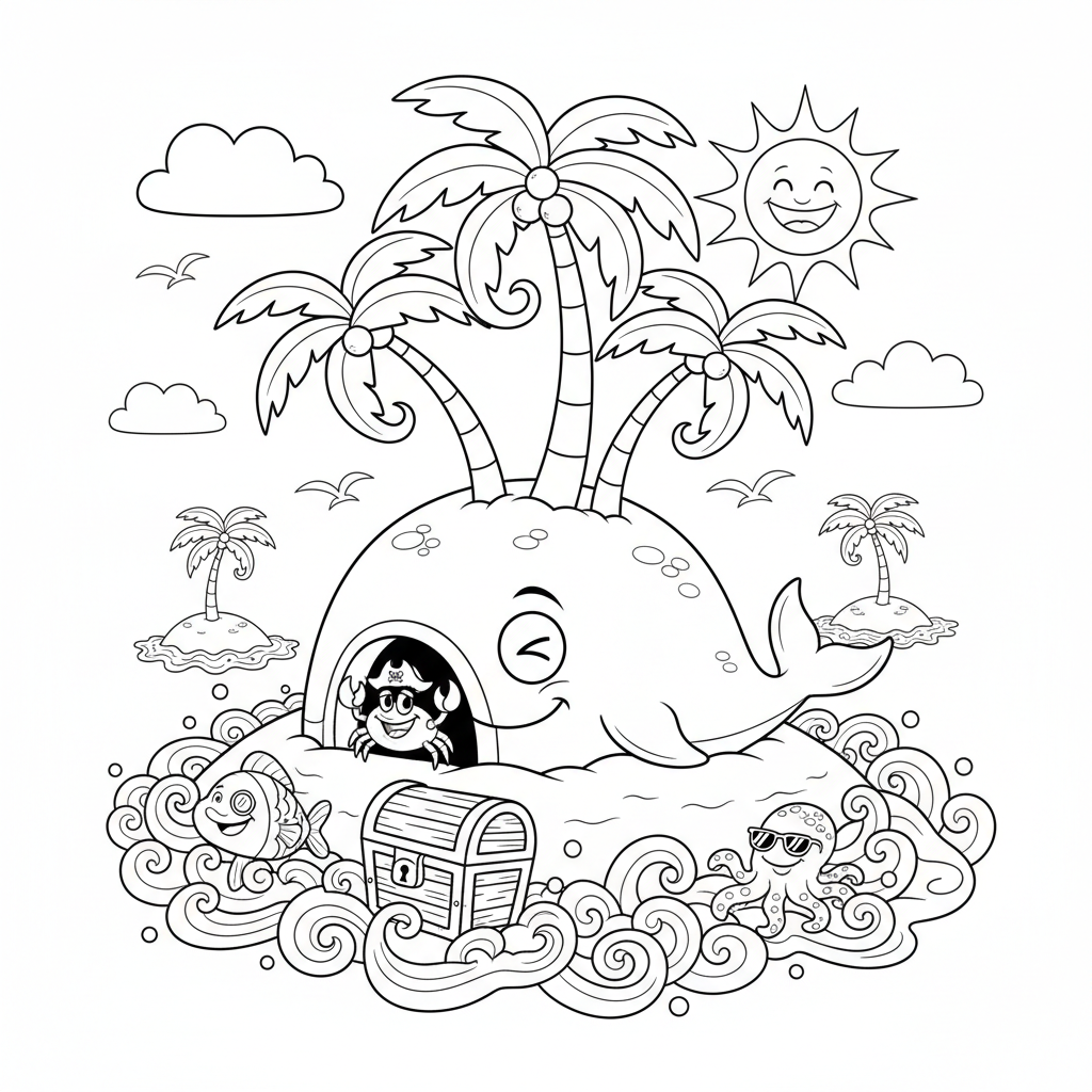 Bezludna wyspa z palmami i ukrytym wejściem do jaskini, kolorowanka dla dzieci, czarne kontury, białe tło.
