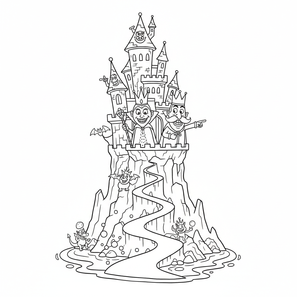 Ciemny zamek na skalistym szczycie, dom nikczemnej królowej/króla, kolorowanka dla dzieci, czarne kontury, białe tło.