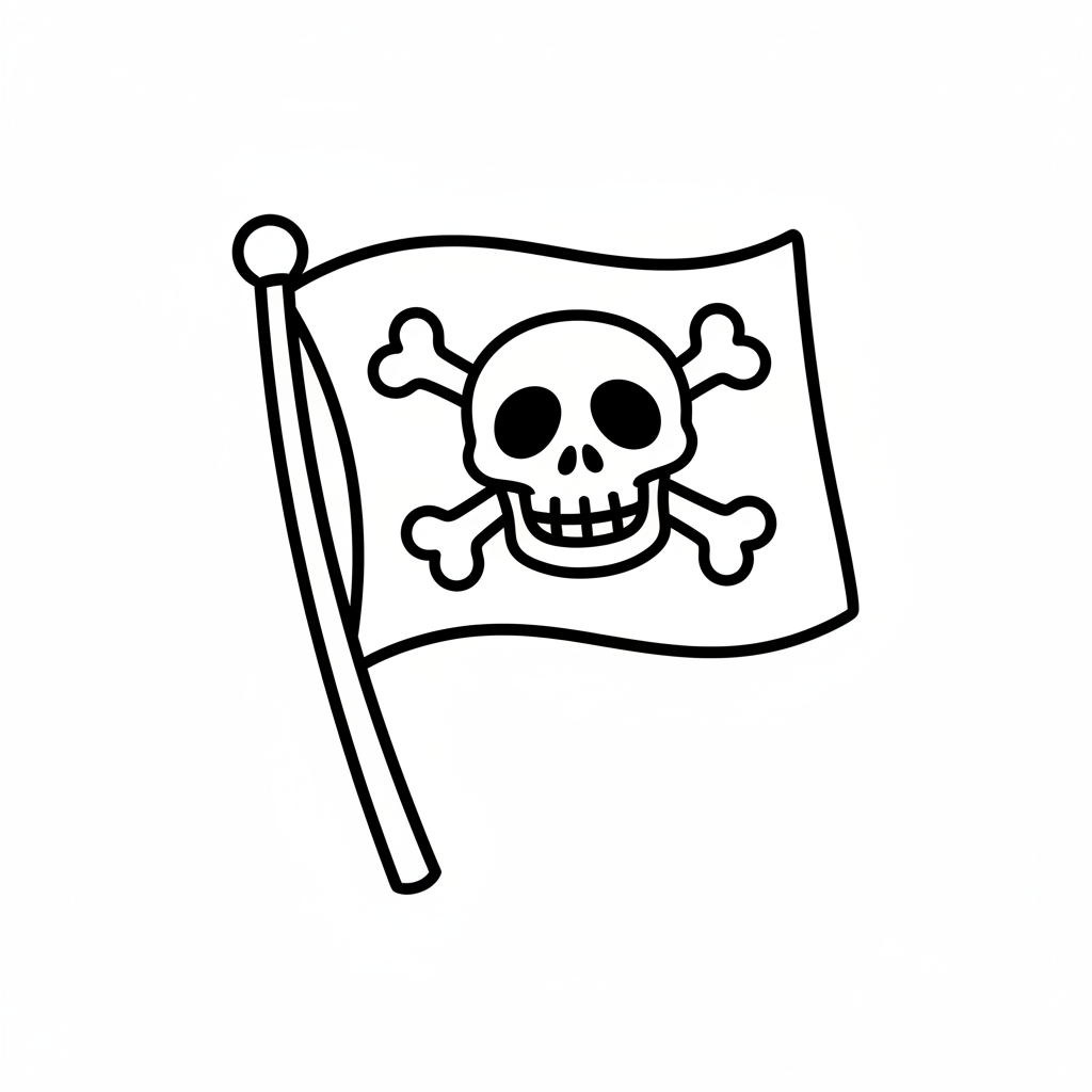 Emblemat czaszki i skrzyżowanych kości na czarnej fladze, powiewający na wietrze, kolorowanka dla dzieci, czarne kontur...