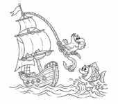 Hak harpunowy przymocowany do liny, huśtający się z masztu statku, kolorowanka dla dzieci, czarne kontury, białe tło.