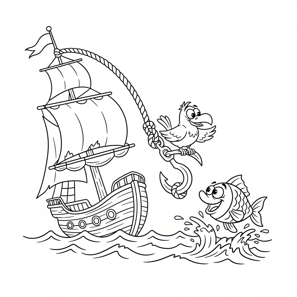 Hak harpunowy przymocowany do liny, huśtający się z masztu statku, kolorowanka dla dzieci, czarne kontury, białe tło.