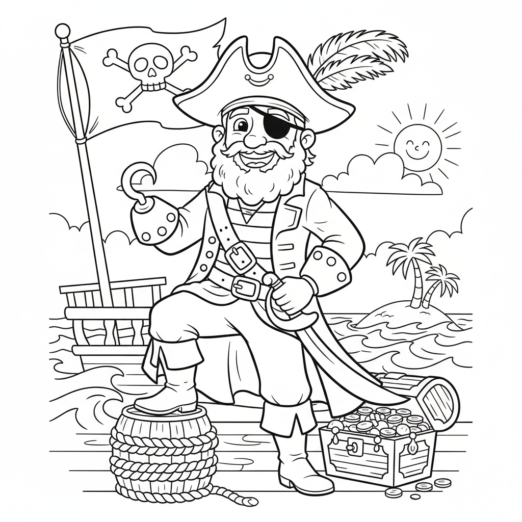 Awanturniczy kapitan piratów z hakiem zamiast dłoni i opaską na oku, stojący na pokładzie statku pirackiego, kolorowa...