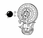 Kula armatnia lecąca w powietrzu w kierunku celu, kolorowanka dla dzieci, czarne kontury, białe tło.