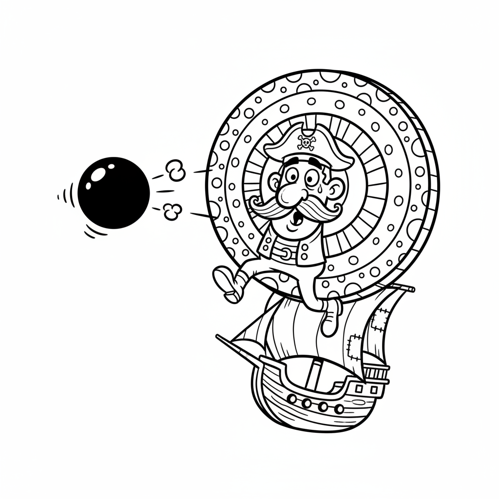 Kula armatnia lecąca w powietrzu w kierunku celu, kolorowanka dla dzieci, czarne kontury, białe tło.