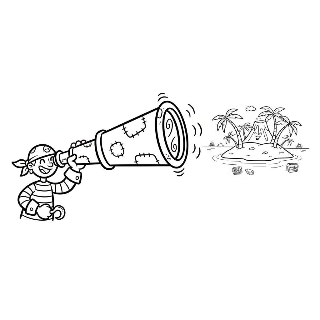 Luneta piracka skierowana na odległą wyspę, kolorowanka dla dzieci, czarne kontury, białe tło.
