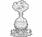 Magiczny eliksir złoczyńcy bulgoczący w zlewce, z złowrogimi oparami, kolorowanka dla dzieci, czarne kontury, białe t...