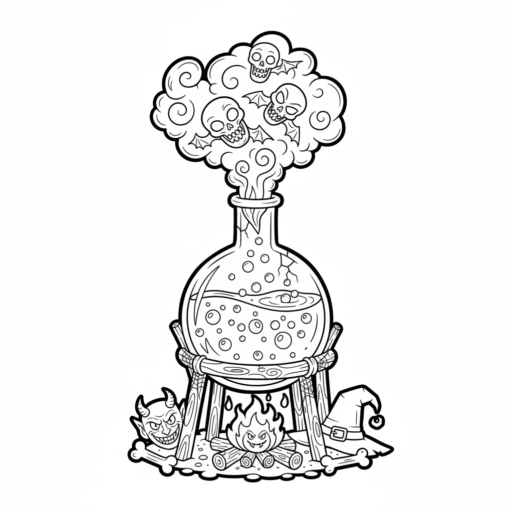 Magiczny eliksir złoczyńcy bulgoczący w zlewce, z złowrogimi oparami, kolorowanka dla dzieci, czarne kontury, białe t...