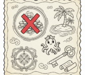 Mapa z czerwonym "X" oznaczającym miejsce zakopanego skarbu, z różą wiatrów, kolorowanka dla dzieci, czarne kontury, ...