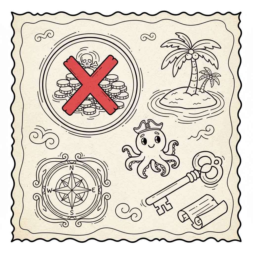 Mapa z czerwonym "X" oznaczającym miejsce zakopanego skarbu, z różą wiatrów, kolorowanka dla dzieci, czarne kontury, ...