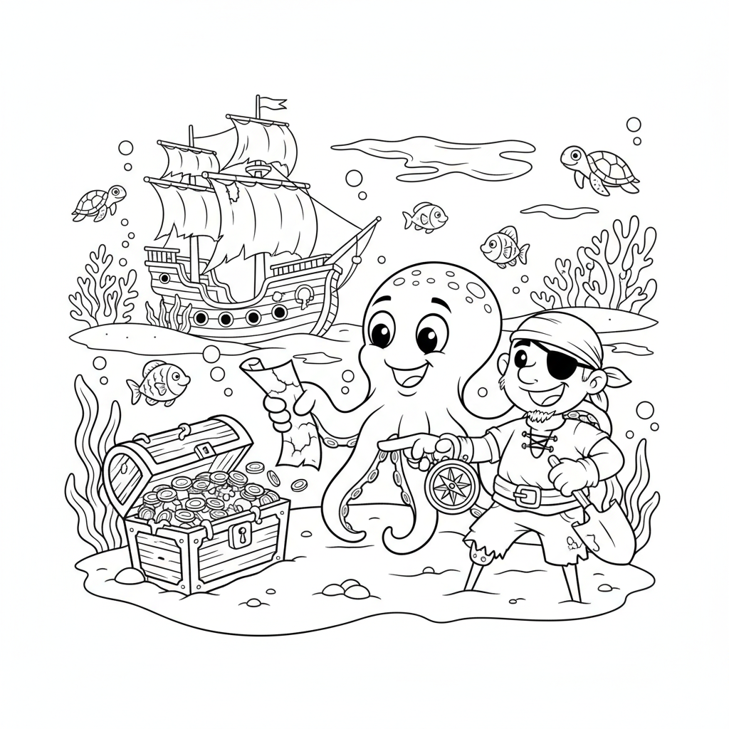 Przyjazna ośmiornica pomagająca piratowi znaleźć zatopiony skarb, black outline, white background, suitable for kids c...