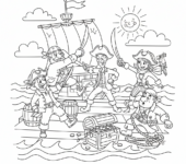 Grupa piratów angażująca się w walkę na miecze na pokładzie statku, kolorowanka dla dzieci, czarne kontury, białe t...