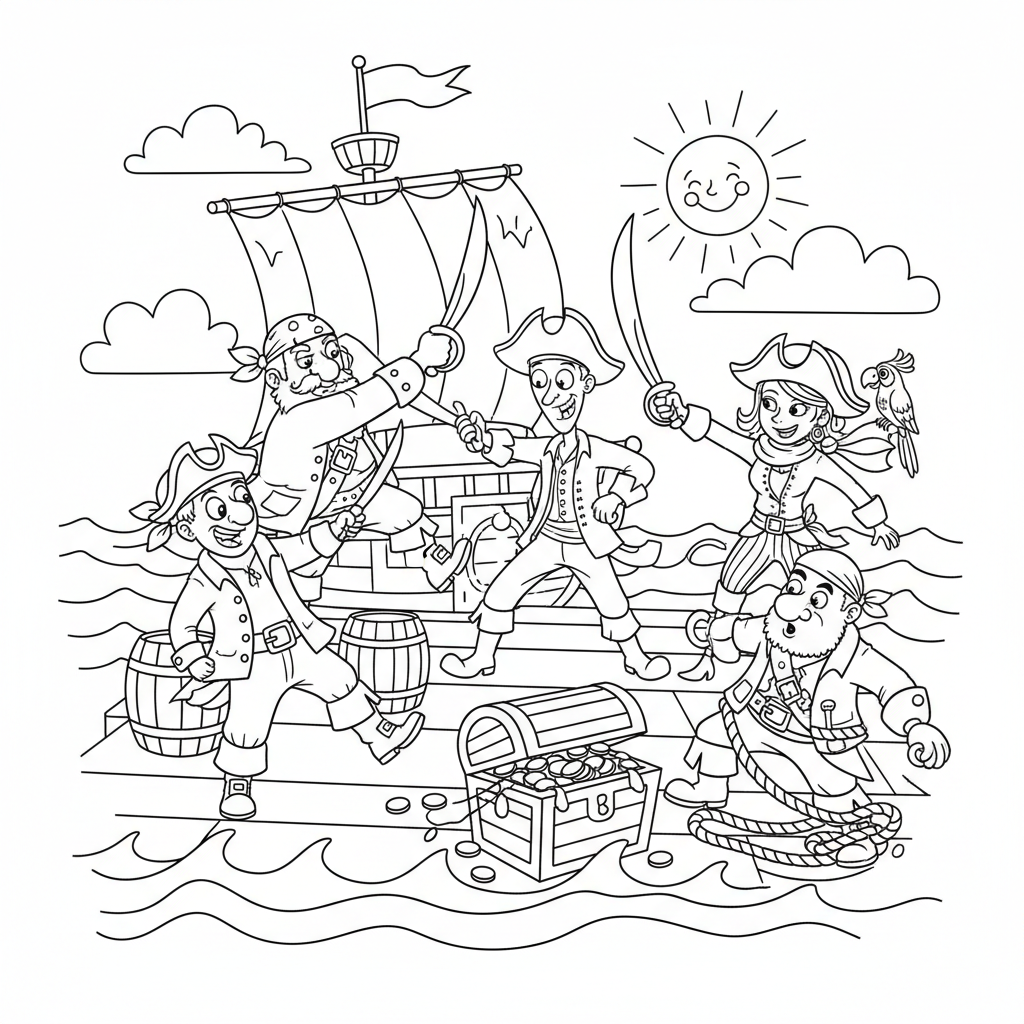 Grupa piratów angażująca się w walkę na miecze na pokładzie statku, kolorowanka dla dzieci, czarne kontury, białe t...