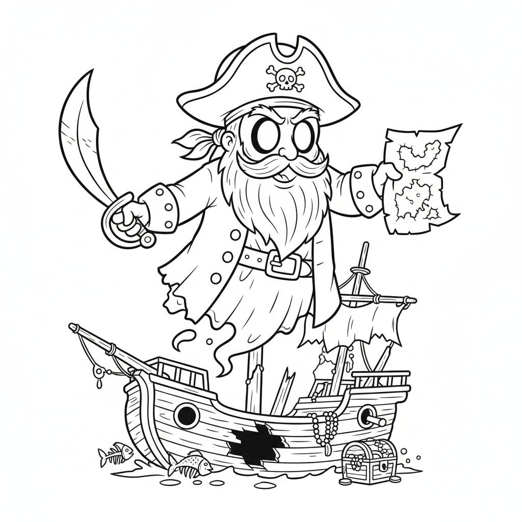 Piracki duch nawiedzający stary wrak statku, ze świecącymi oczami, kolorowanka dla dzieci, czarne kontury, białe tło.