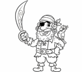 Pirat w bandanie i kolczykach, z gotowym kordelasem, kolorowanka dla dzieci, czarne kontury, białe tło.