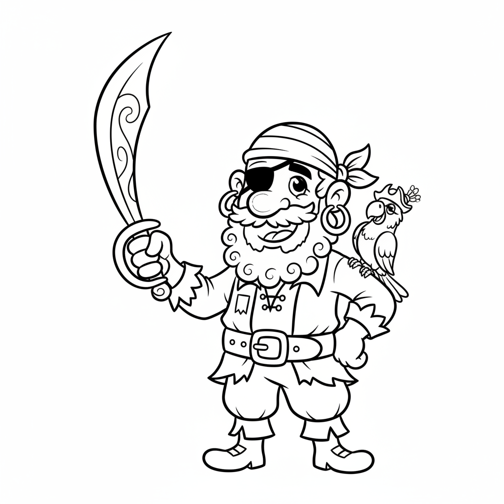 Pirat w bandanie i kolczykach, z gotowym kordelasem, kolorowanka dla dzieci, czarne kontury, białe tło.