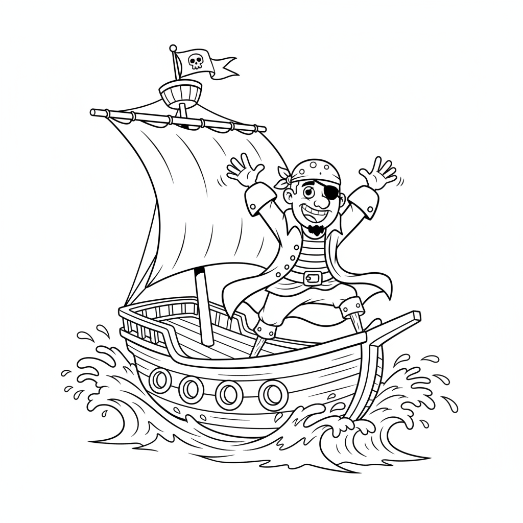 Pirat z drewnianą nogą, szukający równowagi na kołyszącym się statku, kolorowanka dla dzieci, czarne kontury, biał...