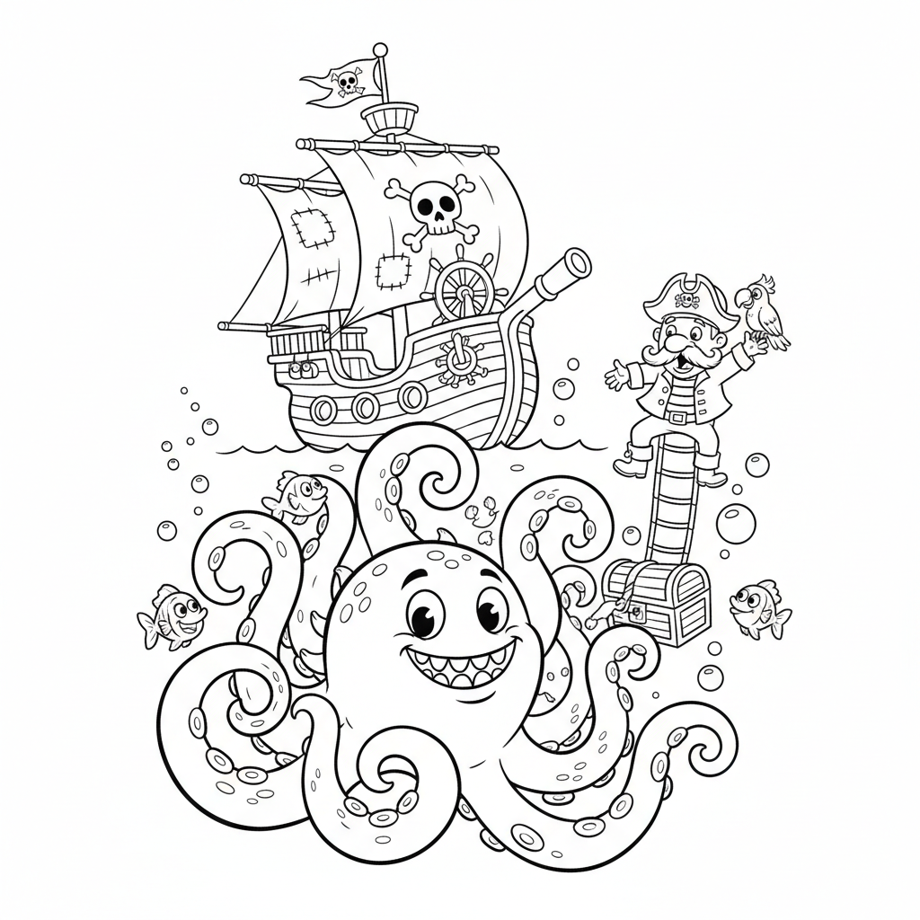 Groźny potwór morski z mackami, czyhający pod statkiem pirackim, kolorowanka dla dzieci, czarne kontury, białe tło.