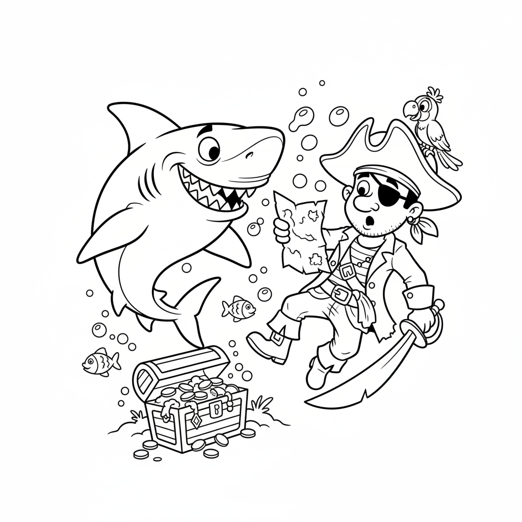 Rekin z groźnym uśmiechem, pływający w pobliżu pirata, kolorowanka dla dzieci, czarne kontury, białe tło.
