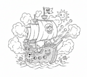 Statek piracki strzelający z armat, z unoszącym się dymem, kolorowanka dla dzieci, czarne kontury, białe tło.