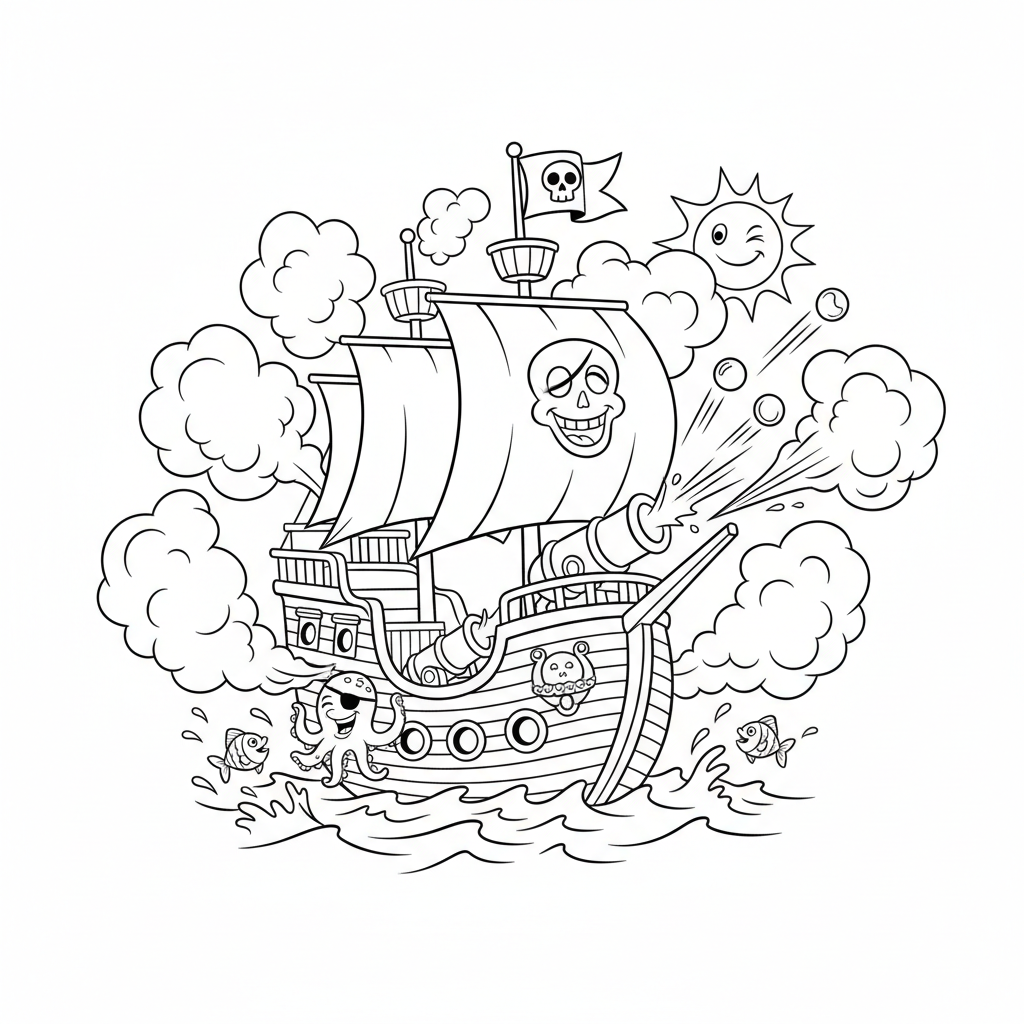 Statek piracki strzelający z armat, z unoszącym się dymem, kolorowanka dla dzieci, czarne kontury, białe tło.