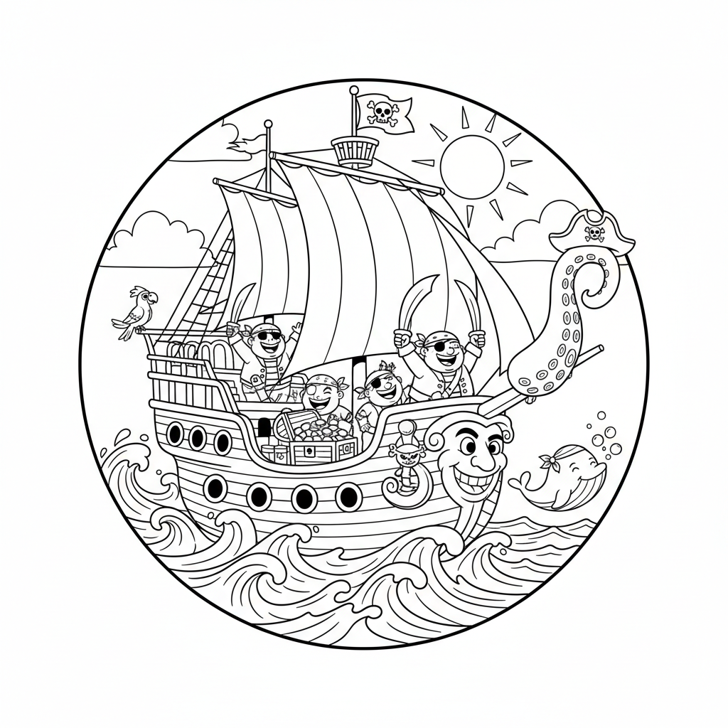 Potężny statek piracki z flagą z czaszką i skrzyżowanymi kośćmi, żeglujący po wzburzonym morzu, kolorowanka dla d...