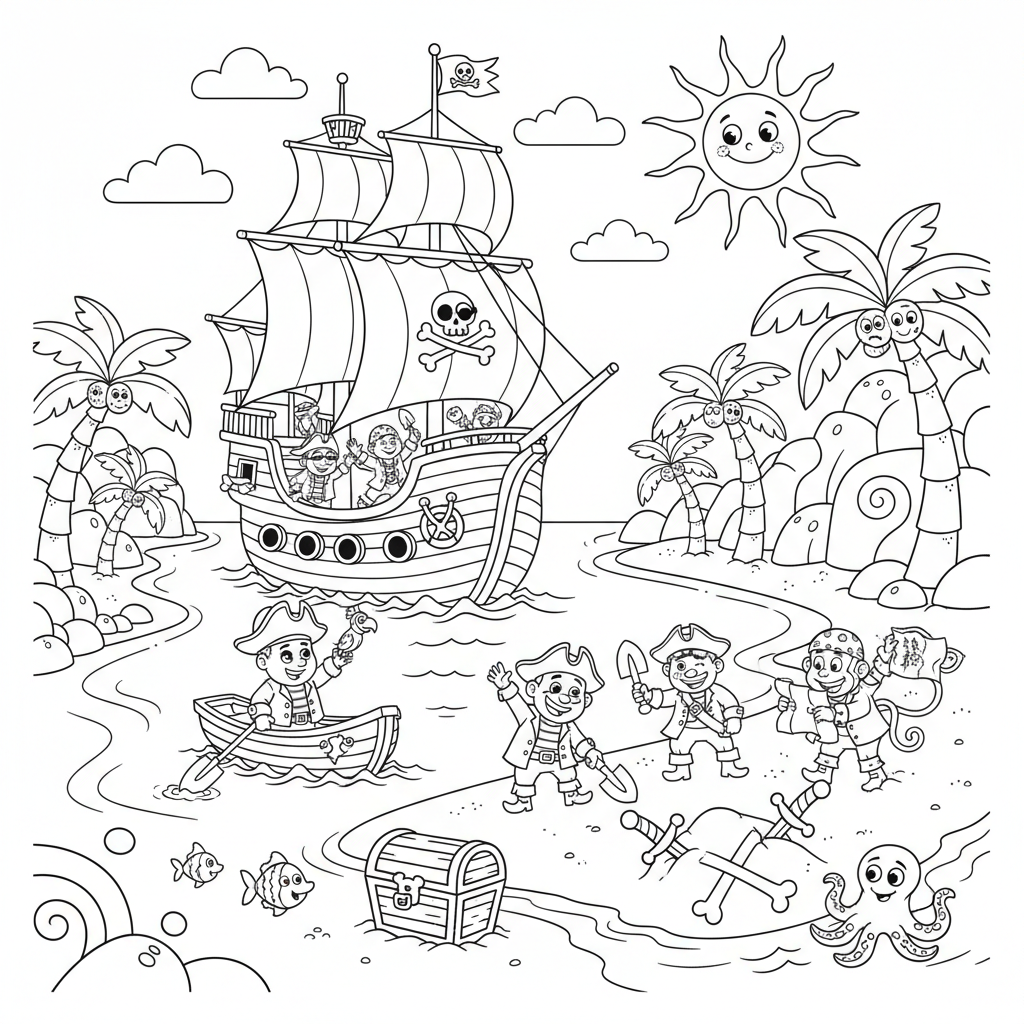 Statek piracki zakotwiczony w cichej zatoce, z łódką zmierzającą do brzegu, kolorowanka dla dzieci, czarne kontury, b...