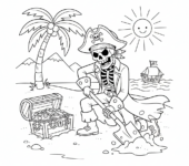 Uśmiechnięty szkielet pirat kopiący w poszukiwaniu zakopanego skarbu na bezludnej wyspie, kolorowanka dla dzieci, czarn...