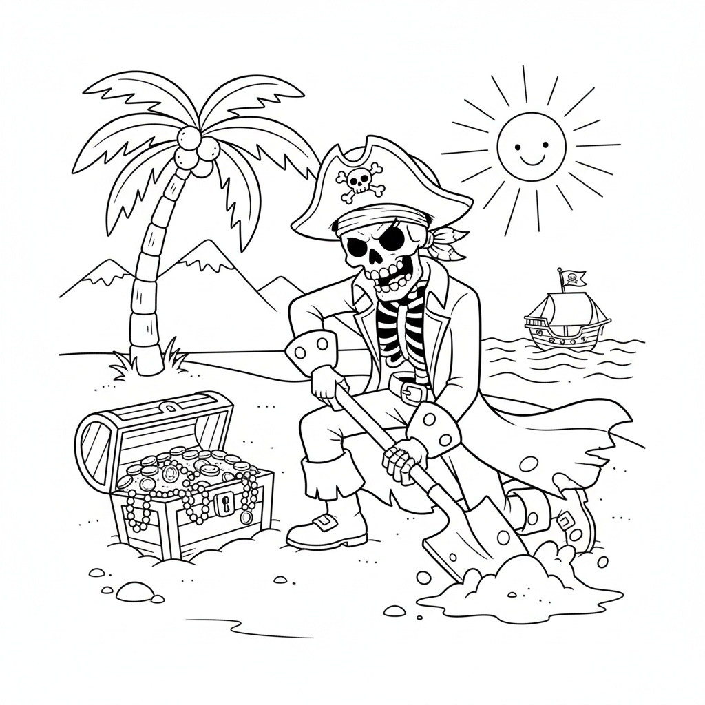 Uśmiechnięty szkielet pirat kopiący w poszukiwaniu zakopanego skarbu na bezludnej wyspie, kolorowanka dla dzieci, czarn...