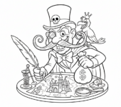 Sprytny złoczyńca z monoklem i zakręconymi wąsami, knujący intrygę, kolorowanka dla dzieci, czarne kontury, białe t...