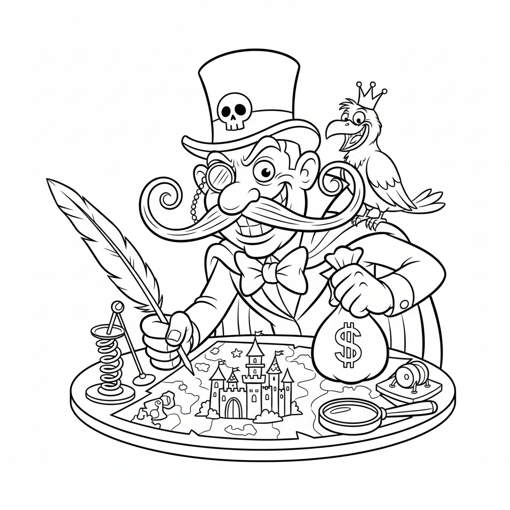 Sprytny złoczyńca z monoklem i zakręconymi wąsami, knujący intrygę, kolorowanka dla dzieci, czarne kontury, białe t...