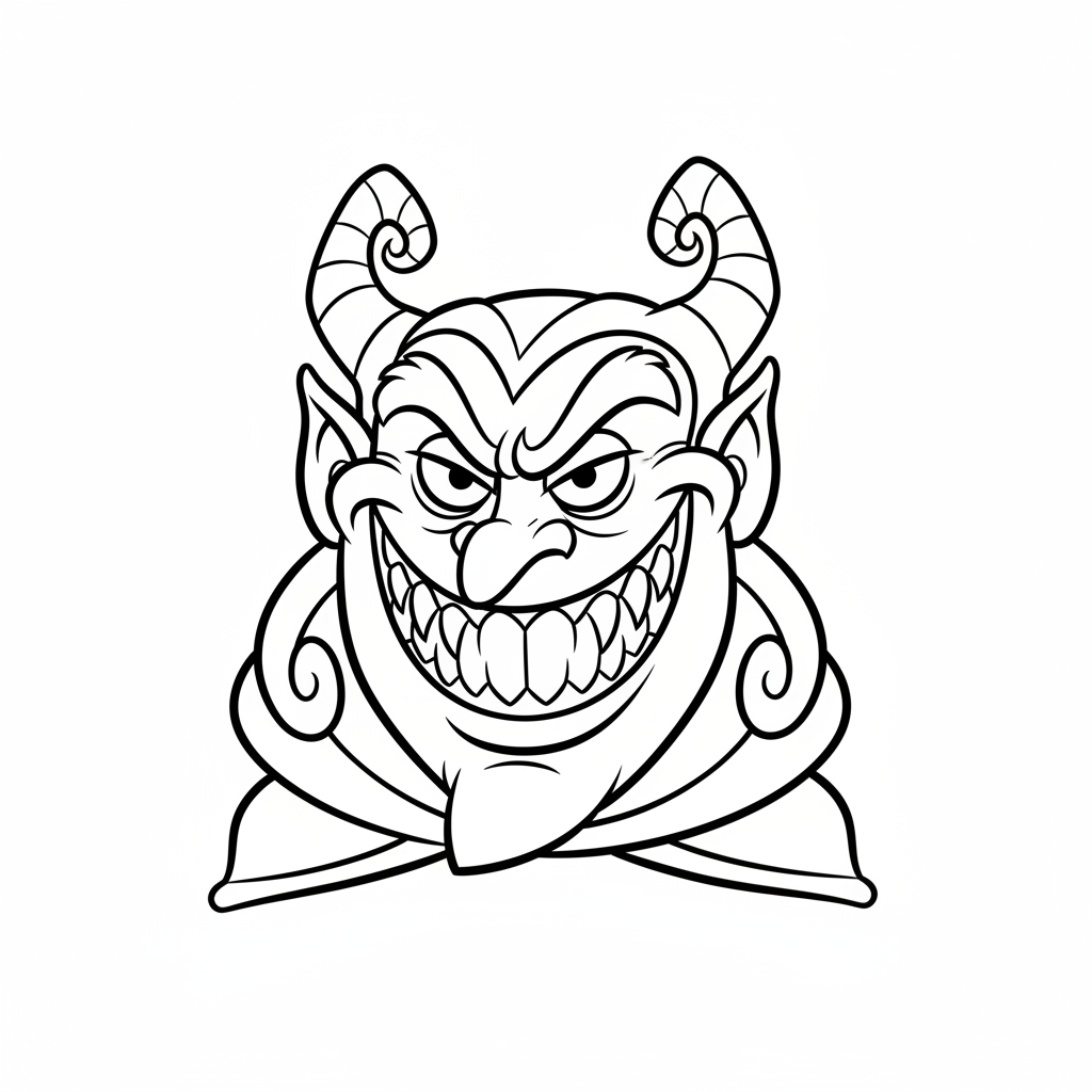 Złowrogi uśmiech złoczyńcy, pokazujący ostre zęby, black outline, white background, suitable for kids coloring, cart...