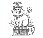 Zwierzę złoczyńcy (np. czarny kot lub wąż) wyglądające złowrogo, kolorowanka dla dzieci, czarne kontury, białe tło.