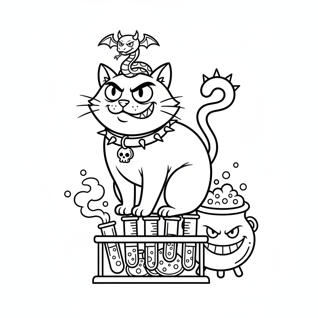 Zwierzę złoczyńcy (np. czarny kot lub wąż) wyglądające złowrogo, kolorowanka dla dzieci, czarne kontury, białe tło.