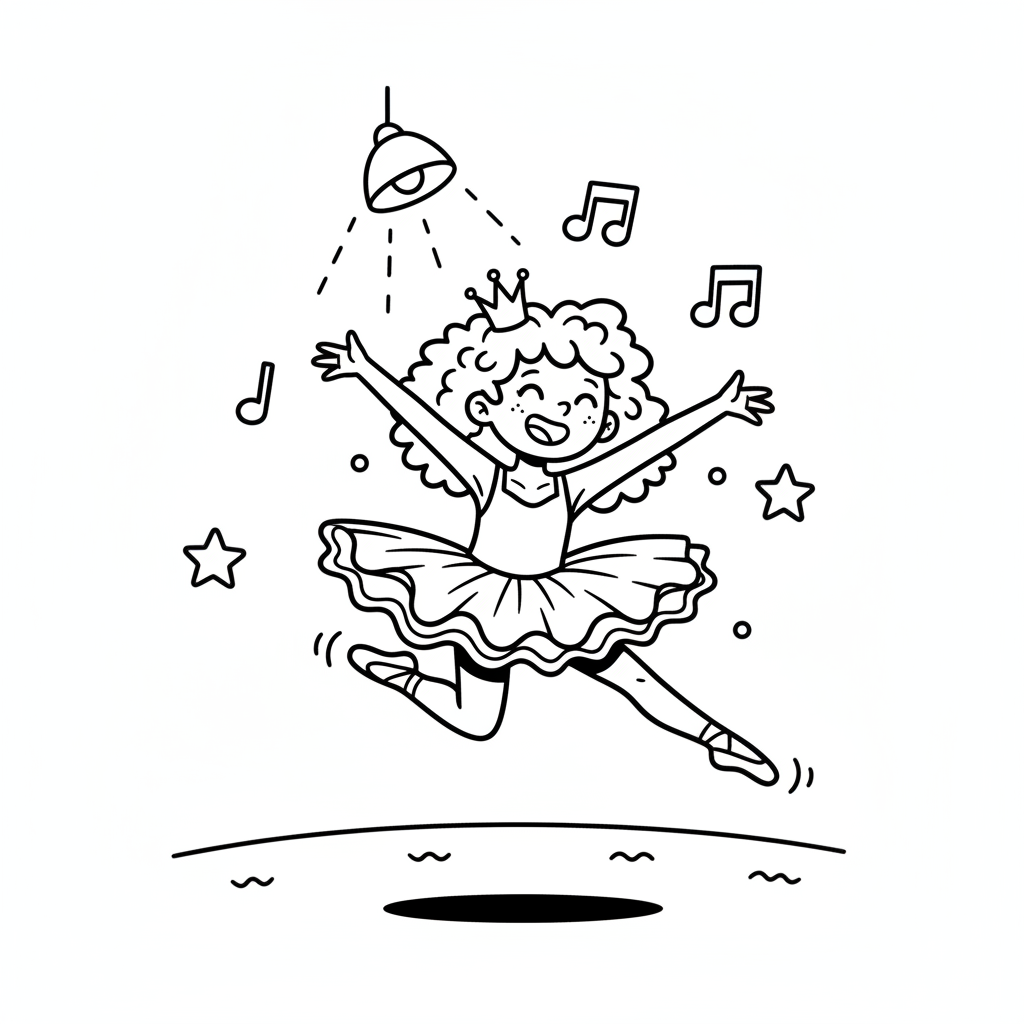 Młoda tancerka ćwicząca elegancki skok przez scenę, kolorowanka dla dzieci, czarne kontury, białe tło.