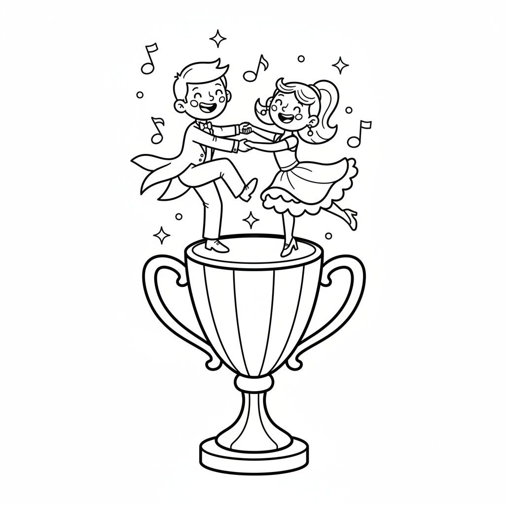 Trofeum taneczne z parą tańczących figur na szczycie, kolorowanka dla dzieci, czarne kontury, białe tło.