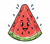 Pyszny kawałek arbuza z pestkami, idealny na gorący letni dzień, kolorowanka dla dzieci, czarne kontury, białe tło.